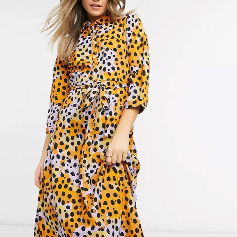 ASOS Pieces maxi shirt dress with tie waist in yellow spot print Size M